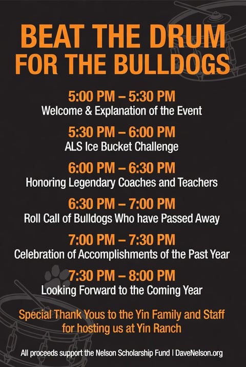 Event schedule for Beat the Drum for the Bulldogs fundraiser from 5:00 PM to 8:00 PM at Yin Ranch, supporting the Nelson Scholarship Fund