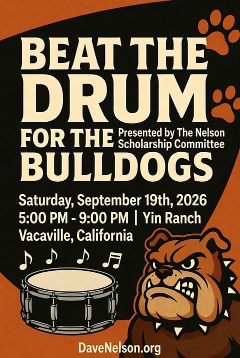 Event poster for Beat the Drum for the Bulldogs fundraiser on September 19th, 2026 at Yin Ranch in Vacaville, California